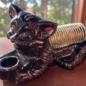 Black Cat, Desk Organizer Pen holder Letter Holder Vintage Redware, Collectible, Novelty, Ceramic, Handpainted Japan