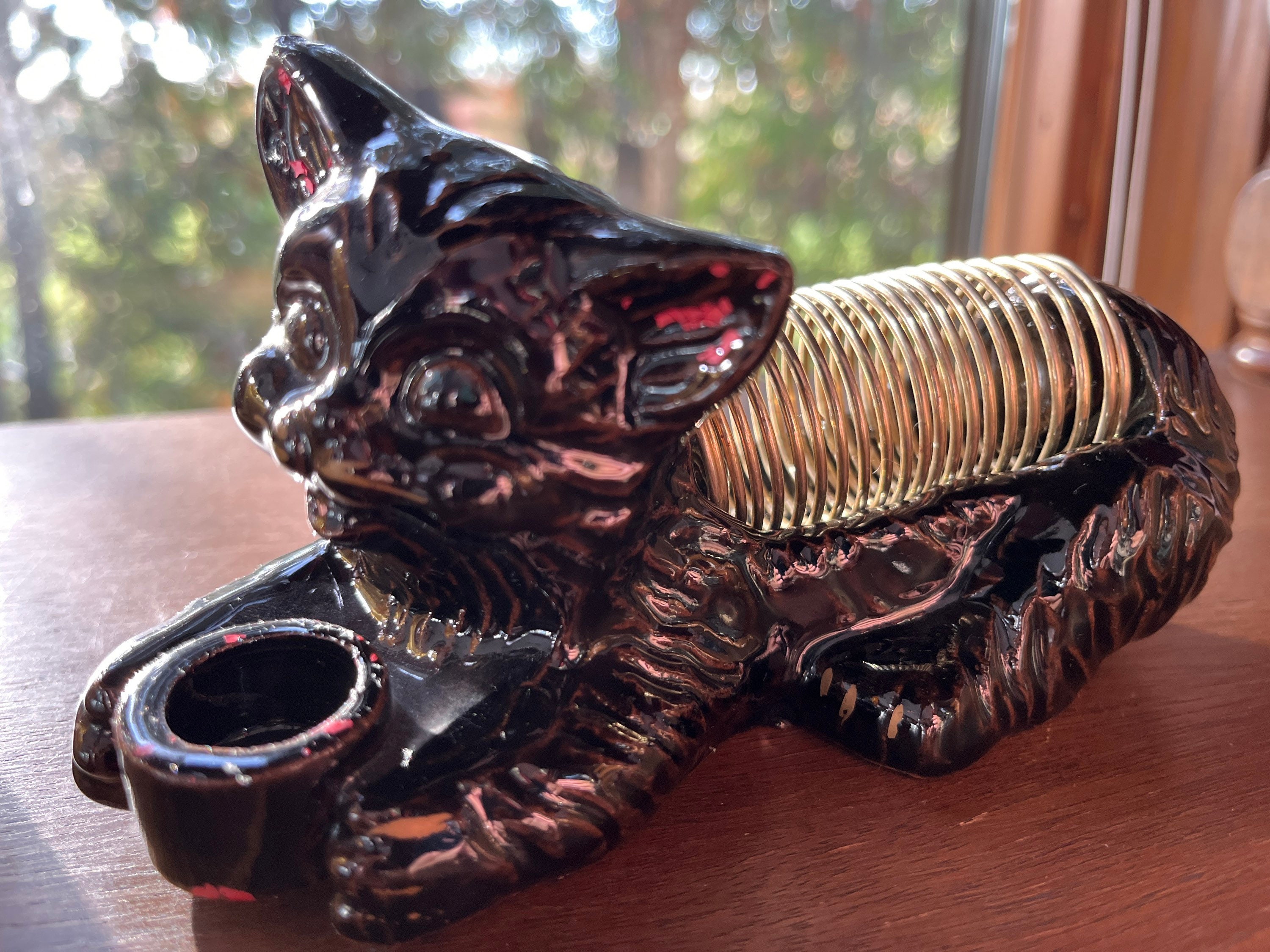 Vintage Redware Black Cat Desk Organizer: Handpainted Ceramic Pen