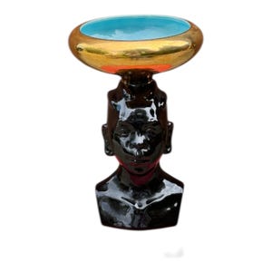 Jarrón vintage MCM Nubian Lady Head: cuenco de cerámica negro y dorado