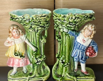 Spill Vase, Vintage, Pinkie Blue Boy Pair Vintage Girl Majolica Bud Vase