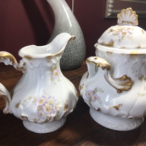 Limoges, sugar bowl, Creamer, Sugar Pot, France, Haviland, purple flowers, Sweets box , Antique, Eatons, Double Handle, Lid, Large, Set