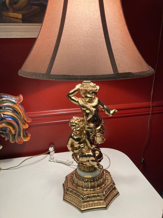 Vintage brass cherub lamps deals