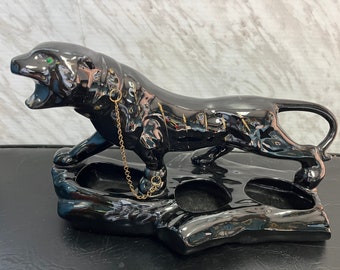 Vintage Art Deco Black Panther Planter: Green Eye Ceramic Cat With