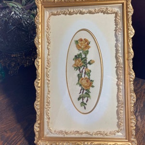 Petit Point, Floral, Vintage, Framed, Glass,  Gesso, Yellow Flower, Rose, Needlework, Ornate, Victorian, Yellow Rose, Handcrafted, Hand made