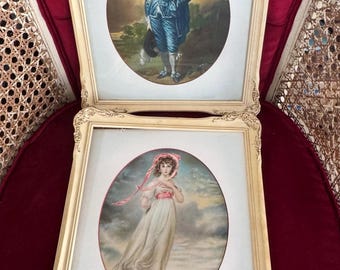 Lámina enmarcada "Blue Boy" de Gainsborough y Pinkie de Medeiros, arte de mediados de siglo enmarcado, juego de 2 láminas.