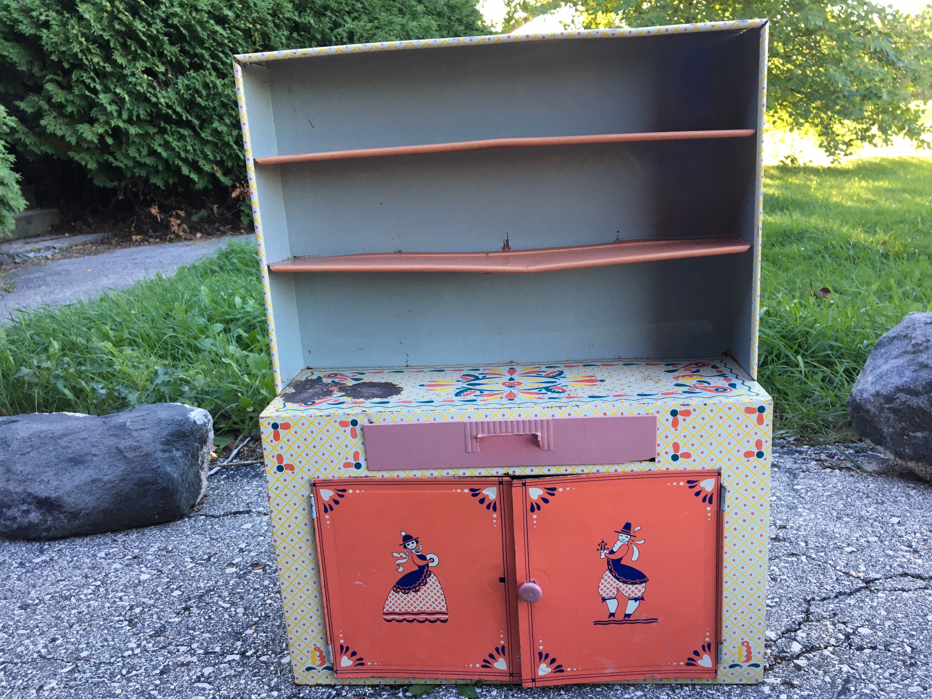 Vintage Ideal Toy Corp. Tin Kitchen Cabinet: Pennsylvania Dutch
