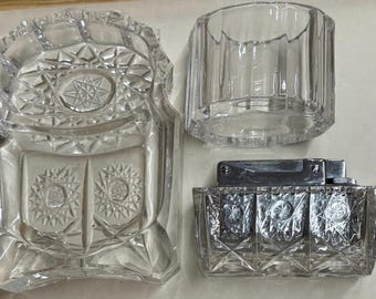 Tischfeuerzeug passendes Zigarettenglas und Aschenbecher Set Vintage MCM Star David Crystal Hollywood Regency