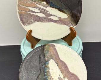 Juego de 2 salvamanteles vintage de cerámica de estudio pintados a mano, de arcilla, para olla caliente o plato caliente.