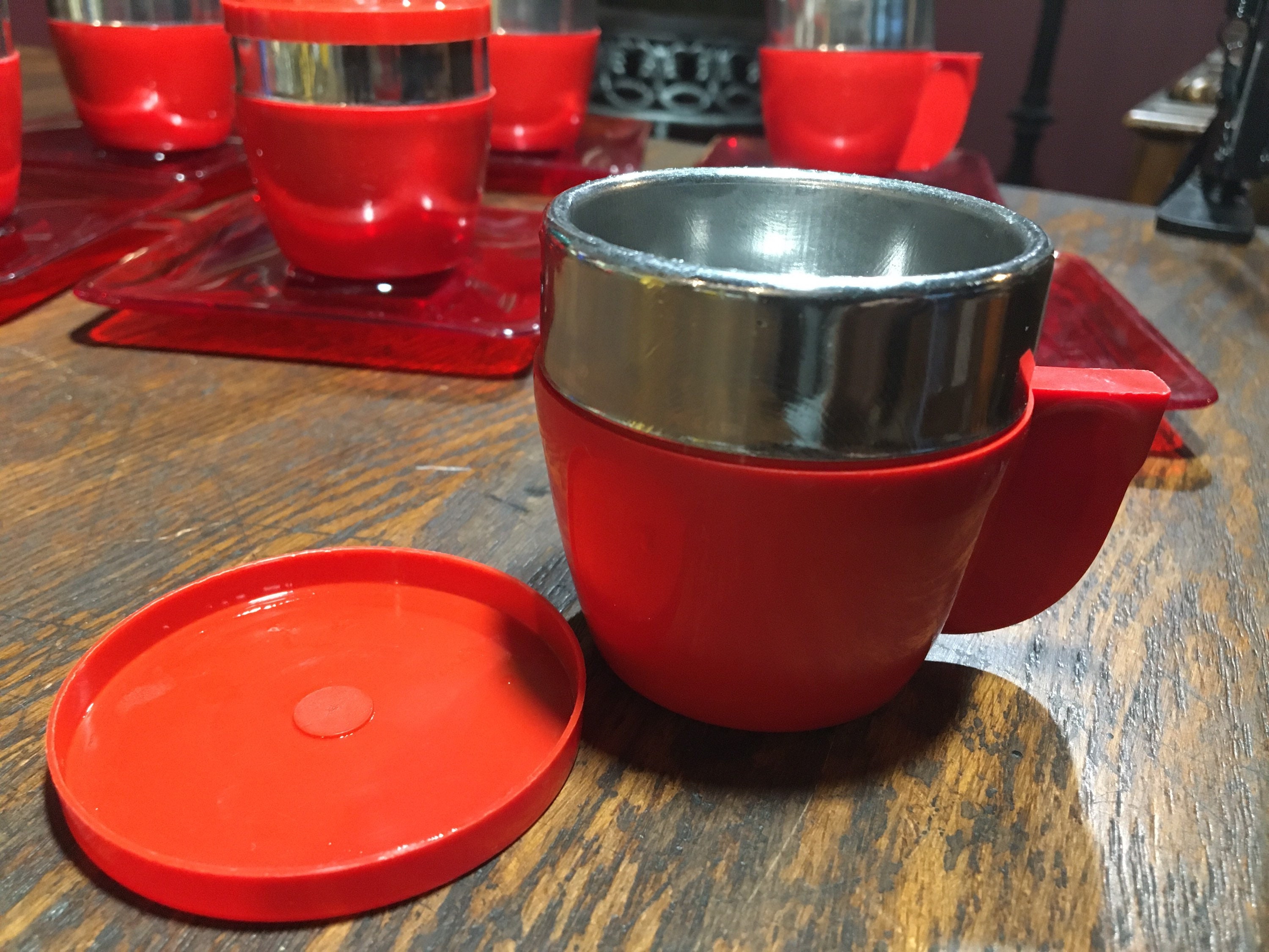 Espresso Cups and Saucers, Inoxriv, OMADA, Made in Italy, Stainless Steel,  Coffee Cups, 6 Funky Cups and Saucers, Plastic, Vintage 