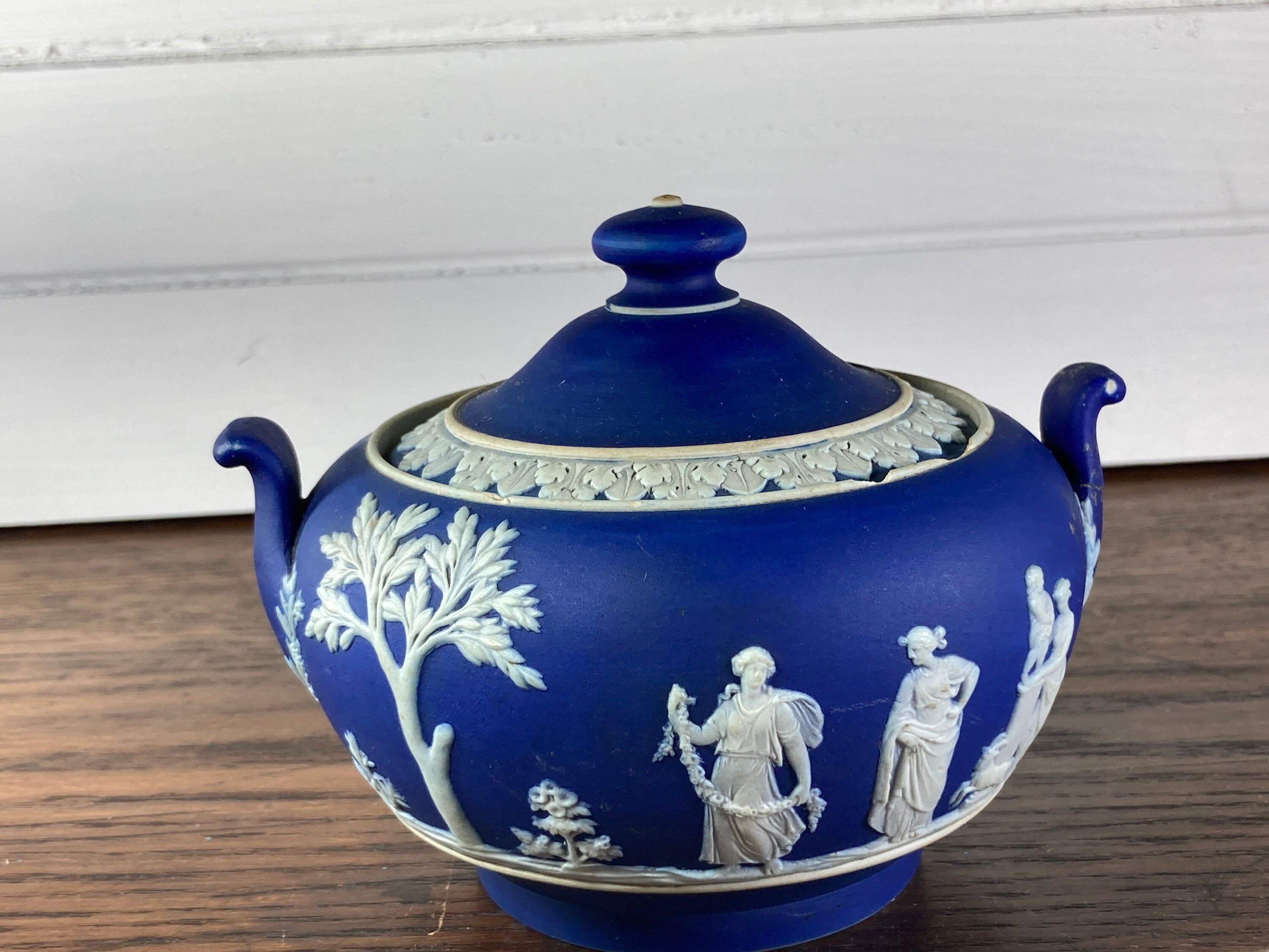 Stunning Antique Wedgwood Cobalt Blue Jasperware Teapot with Sibyl Finial Abundantia Made in England