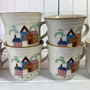 Stoneware, Coffee, 6 Mugs, Glazed, Vintage, Houses, Handpainted, Newcor, Thailand