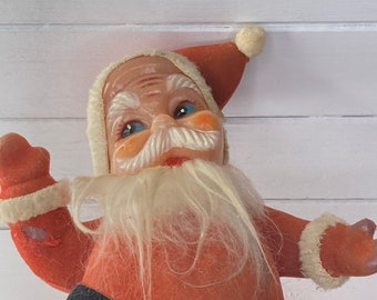 Santa Claus Flocked Vintage Christmas Xmas Beard Standing Kris Kringle HoHo Red Suit Collectible Kitschy Dancing