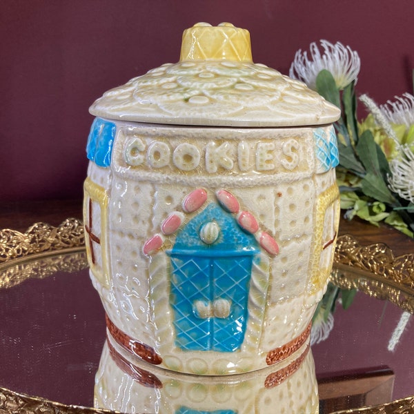 Cookie Jar, Japan, Hand painted, Biscuit, Cookie Jar, Ceramic, Vintage, Biscotti, Cracker, House, Flower,