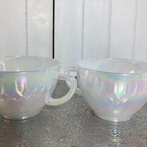 2, Federal Glass, Punch Cups, Aurora Borealis, Cup, Iridescent White Milk Glass, Pearl Lustre, Opal, Collectible, Vintage, Moonglow