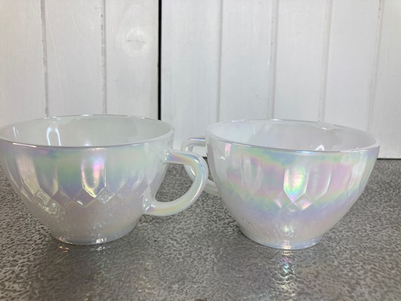 Vintage Federal Glass Punch Cups: Aurora Borealis Iridescent Milk Glass, Set of 2