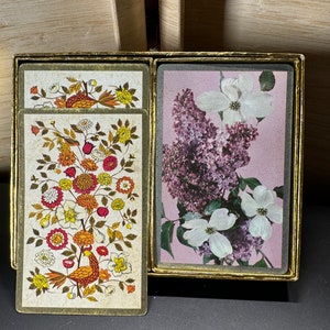 Jeu de cartes, Plastilac, lot de deux, vintage, doré, fleurs, floral, lilas, tranche