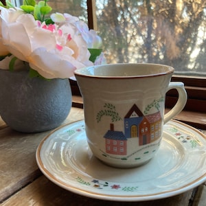 Stoneware, Coffee Mug and Saucer Set Glazed, Vintage, Houses, Handpainted, Newcor, Thailand