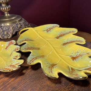 2 pce, California Pottery, Leaf, Platter,  Tray, Serving, Sunflower Yellow, USA,  Vintage, MCM, Large, Vegetable, Fruit,  Dish, Relish