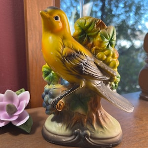 Bird on Tree with Berries and Foilage Figurine, Bisque, Porcelain, Bird, Vintage, Hand Painted, Japan
