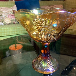 Fruit Bowl Iridescent,  Diamond, Compote,  Indiana Glass, Vintage, Retro, Bohemian, Art Deco, Art Glass, Bowl Grape Pattern