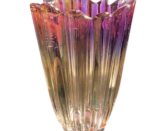Vase 50s Federal Glass Iridescent Carnival Glass Starburst Atomic &quot;Celestial&quot;Flower Marigold Purple Vintage