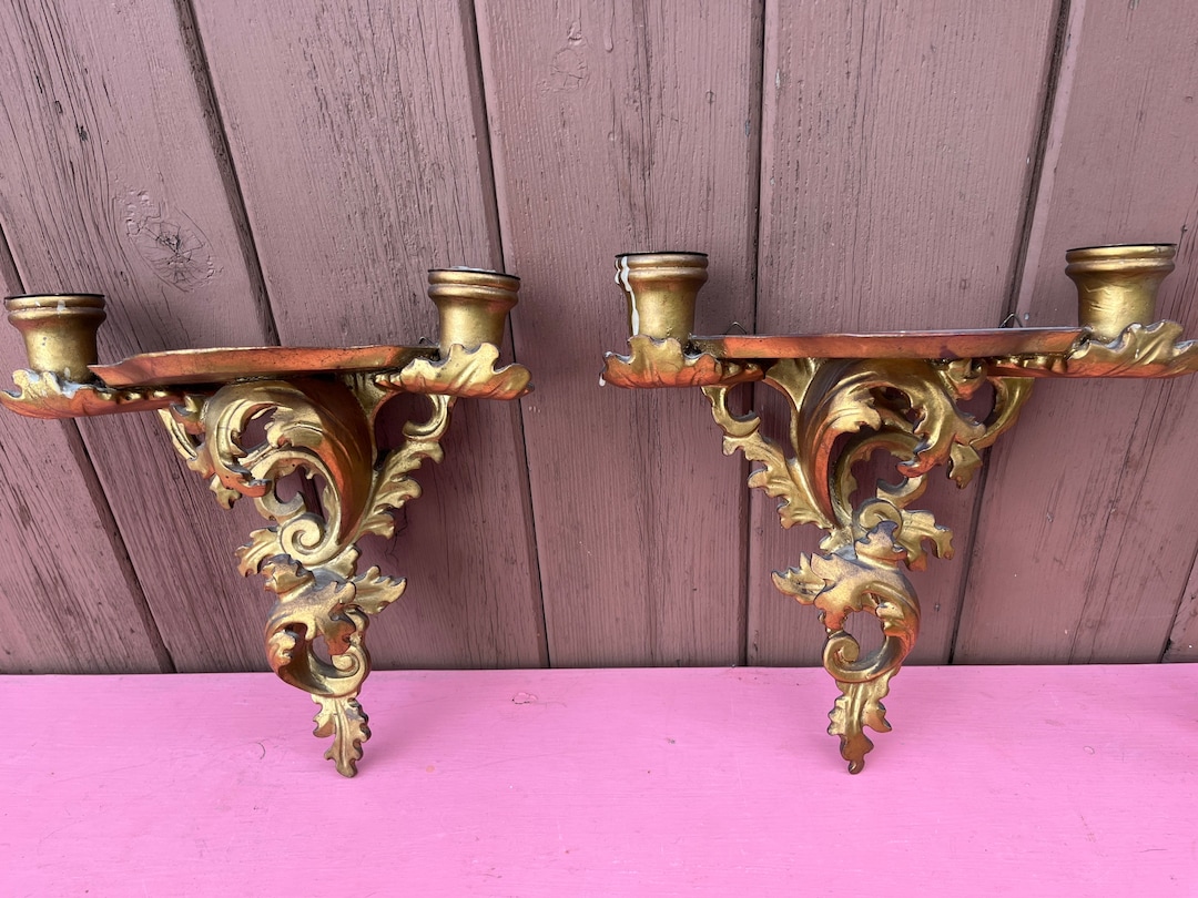 Candle Sconce, Florentine, Italy, Wood, Taper Candle Holder Gold, Decor