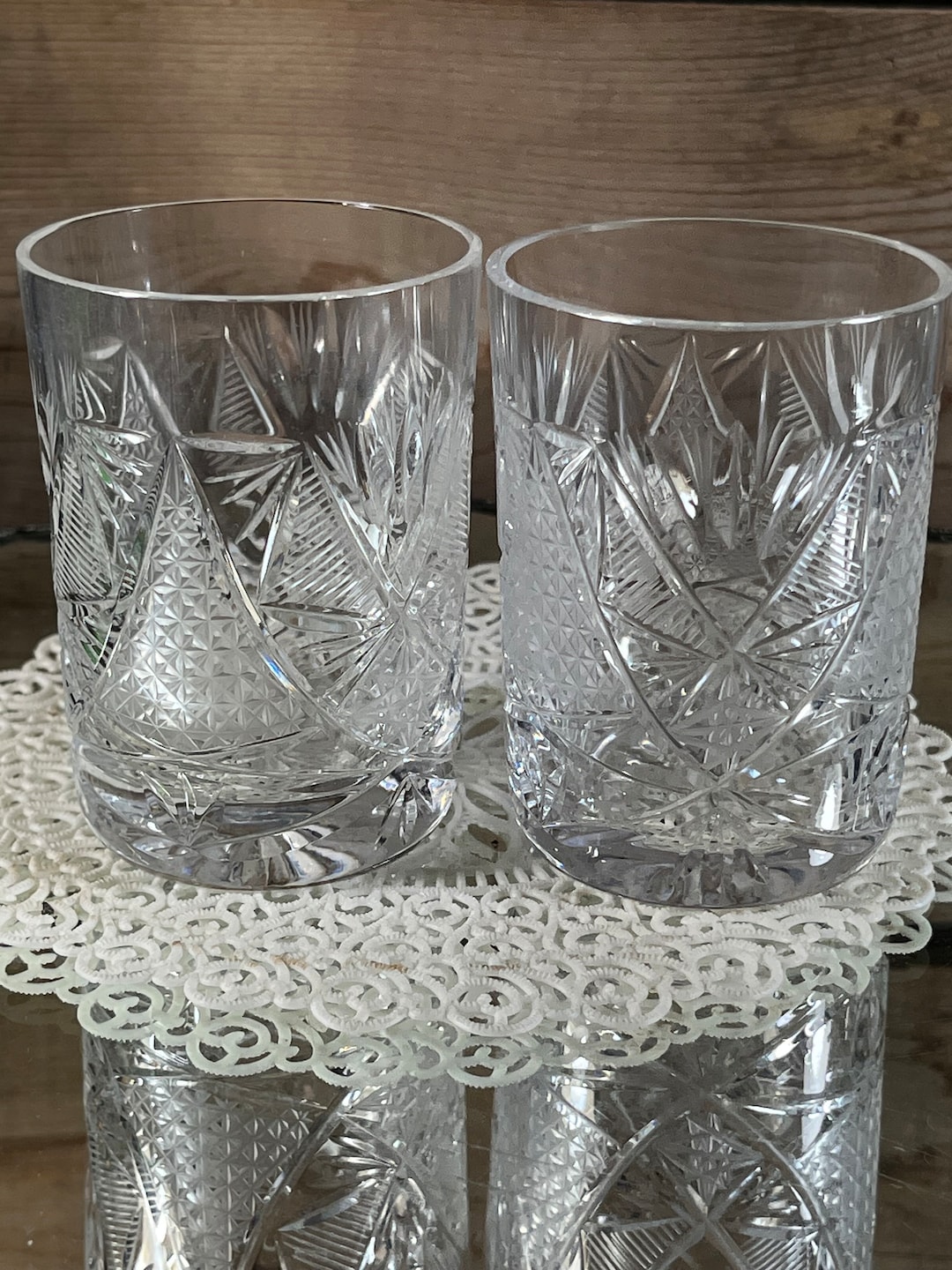 Schnapps Cut Crystal Glasses Juice Glass, Star David Pattern Vintage