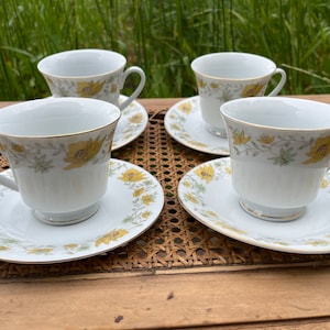 Tea cup and Saucer Set of 4, Regent Fine China Vintage Yellow Flower Floral  Teacups and Saucers