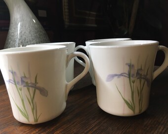 Vintage Corning Shadow Iris Mugs - Set of 4 - Farmhouse Floral