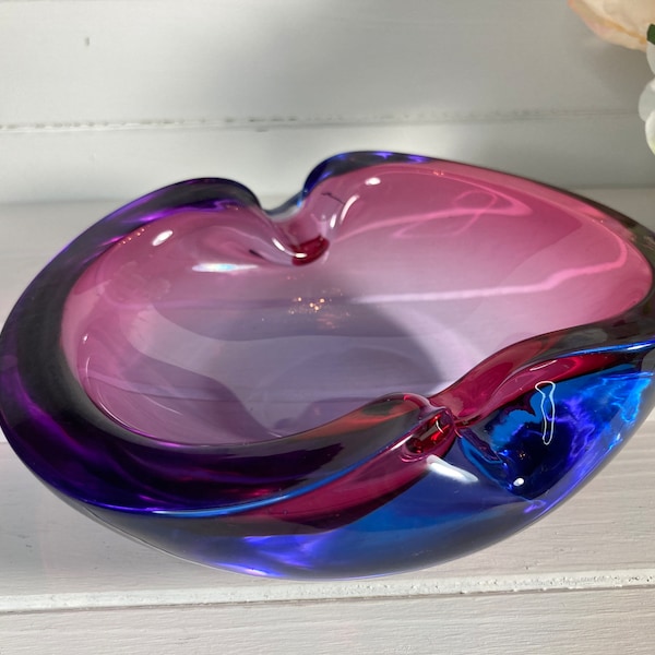 Murano Seguso Attributed Geode Purple Ashtray Vintage Glass Art Purple Dish Thick Heavy Glass Amethyst