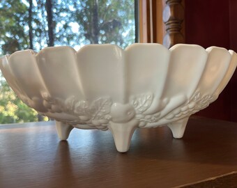 Bowl White Indiana Glass Milk Glass Footed Fruit Bowl Grape Pattern Vintage