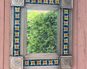 Tin and Tile wall  Mirror Glass Silver Welded Rustic Frame Vintage  Hanging Wall Decor Made in Mexico Southwestern style Decor