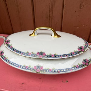Limoges, vegetable bowl, Lidded, France, pink flowers, Antique, Vintage, Serving Bowl, Serving, Bernardaud Limoges - Blue and Black