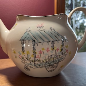 Tea Pot Flower Wagon Cart Johnson Brothers England  Platinum Trimmed Vintage Teapot