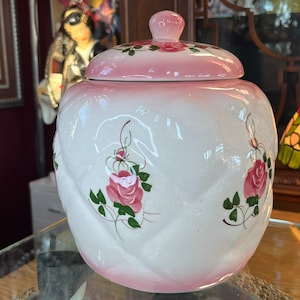 Cookie Jar De Forest California Pottery Ceramic Floral Roses Canister Cookie Jar Quilted Vintage Hand Painted