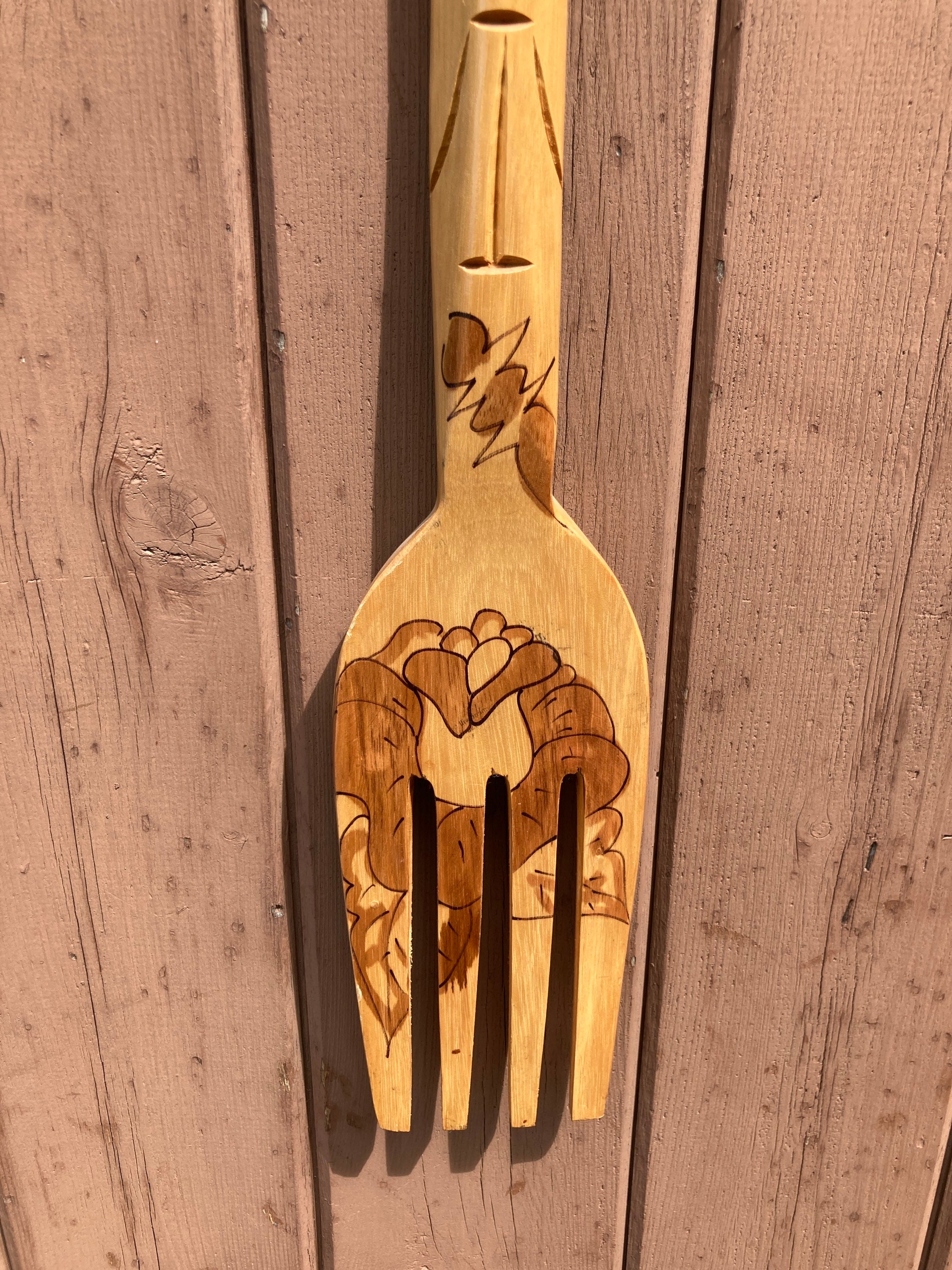 Tiki Wood Fork and Spoon Wall Hanging Vintage Burnt Wood Etsy UK