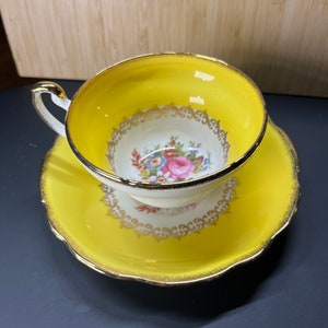 Foley Teacup Tea Cup Saucer Old Foley English Bone China Pink Rose Flowers with Brushed Gold Trim Vintage