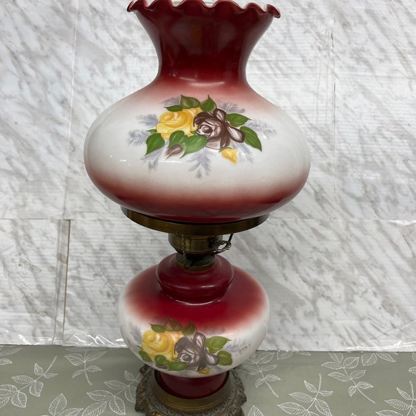 Hurricane Table Lamp Victorian Vintage Parlour,  Red White Yellow Rose Transferware GWTW Tri Light