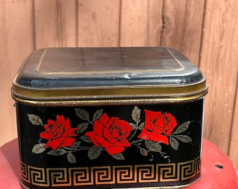 Antique TIN, Tin, Collectible, Vintage, Tea Tin Red Roses Art Deco Container, early century, Storage Box Keepsake