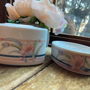 Badezimmerset, Zahnbürstenhalter, Seifenschale, Toscany Collection Rosa, Blaue Iris, Blumen, Made in Japan Vintage
