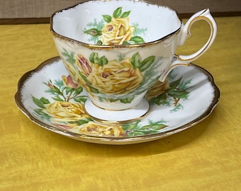 Royal Albert Tea Rose Teetasse und Untertasse, Fine Bone China, Teetasse Vintage gelbe Rose alt Stempel 8er Set