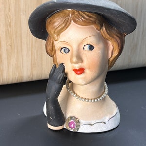 Head Vase MCM Vintage Lady Head Vase Planter Make Up Brush holder Bust Glamour Girl Ruben’s Japan Pearls 486 M