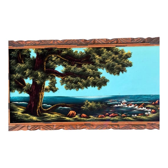Vintage Mexican Velvet Painting: Blue Ocean Lake Scene, Wood Frame