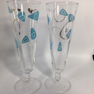 2, Capri, Amoeba, Boomerang, Verres à pied, Pilsner, ère spatiale, Federal Glass, Aqua, Or, Bar Cart, vintage, Turquoise, Atomic, Champagne