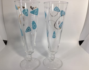 2, Capri, Amoeba, Boomerang, Stemware, Pilsner, Space age, Federal Glass,  Aqua, Gold, Bar Cart,  Vintage, Turquoise, Atomic, Champagne