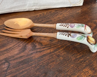 Wooden Serving Salad Set Large Spoon Fork Tongs Ceramic Painted Handle  Dinnerware Utensils Vintage