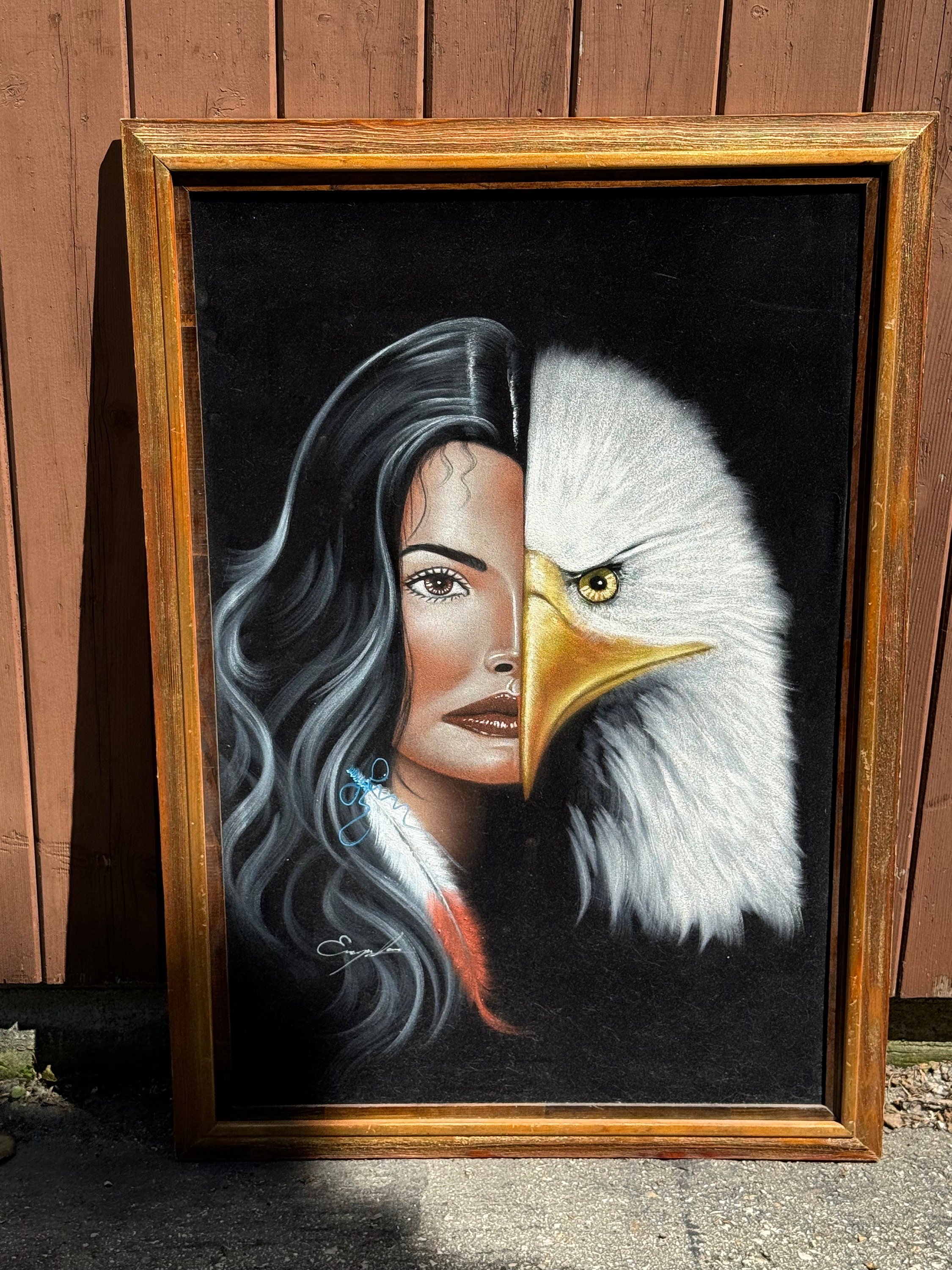 Black Velvet Art,  Wood Framed, Half Woman and Eagle,  MCM,  Vintage, Art Work, Mid Century, Signed, MCM, Mexico, oil Painting,