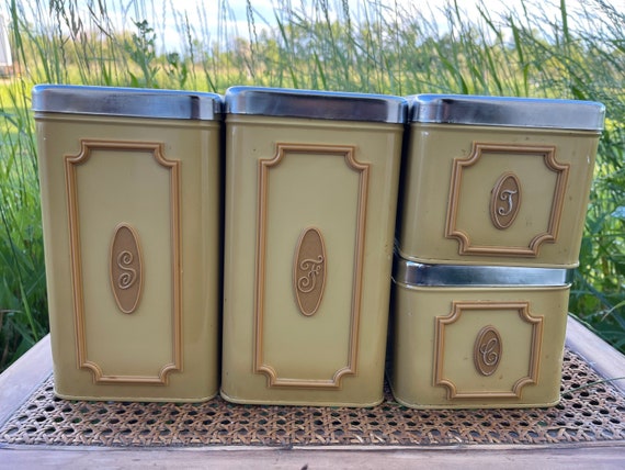 Set of Two 1970s MCM Vintage Kitchen Canisters, Mid Century Modern Kitchen,  70s Cookie Jar, Flour Canisters, Vintage Tea Storage 