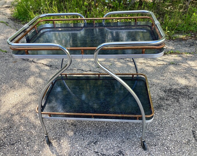 Bar Cart, Wheels, Chrome, Copper, Formica, Rolling, Vintage Furniture, Barware, MCM Etsy
