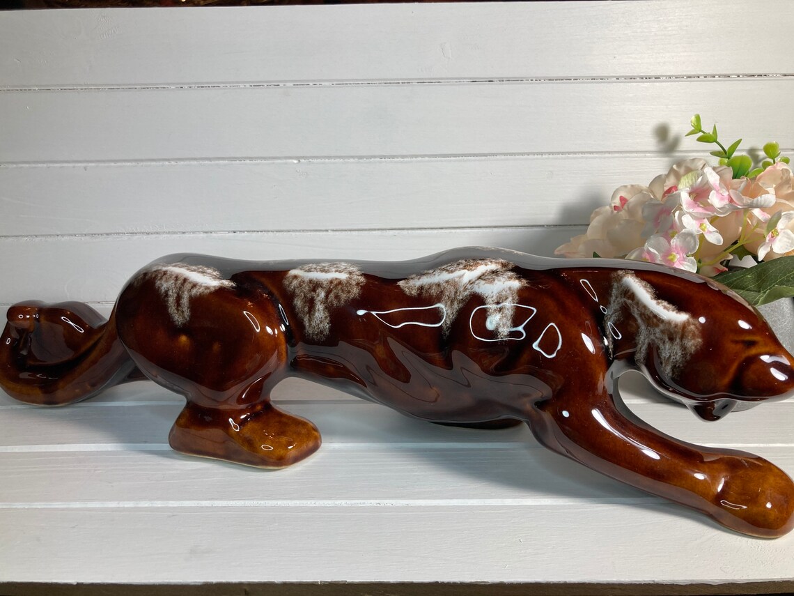 Panther Mid Century Ceramic Drip Glaze Statue Sleek Etsy
